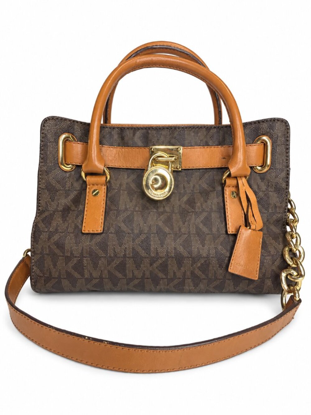 Michael Kors Brown Signature Satchel | Tan Trim | Lock & Key
